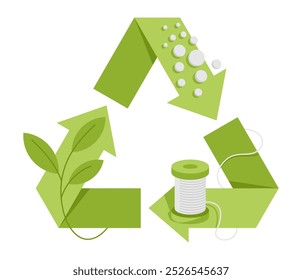 Tecido reciclável - Têxtil de materiais reciclados ou orgânicos, para a indústria de resíduos sustentáveis e zero. O granulado de PET vira fio e camiseta. Ilustração vetorial em cores verdes planas