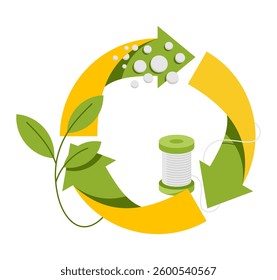 Recyclable fabric - Textile from Recycled or organic materials, for sustainable and zero-waste industry. PET granules turns to thread and T-Shirt. Vector illustration in flat colors