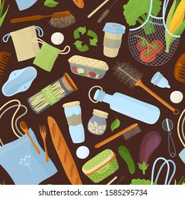 Recyclable food and accessories, kitchen items seamless pattern. Vegan products, eco bags and containers. Reusable eating and packs fabric, textile, wrapping paper, wallpaper color vector design