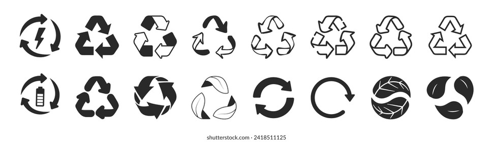 Conjunto de iconos reciclables, biodegradable, compostable. Conjunto de reciclaje de flecha. Reciclar el símbolo del logotipo.