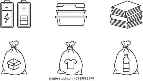 Conjunto de iconos de artículos reciclables para la gestión de residuos