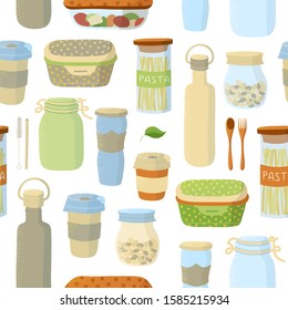 Recyclable kitchen containers flat vector seamless pattern. Wooden appliances, glass bottles and jars, reusable plastic cups. Creative fabric, textile, wrapping paper, wallpaper design
