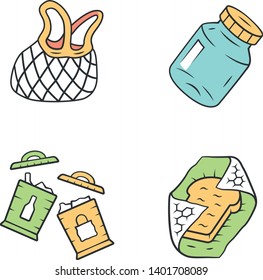 Recyclable kitchen utensils color icons set. Reusable mesh bag, beeswax food wrap. Refillable spices can, trash sorting containers. Isolated vector illustrations