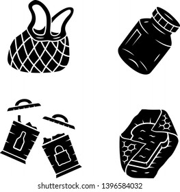 Recyclable kitchen utensils glyph icons set. Reusable mesh bag, beeswax food wrap. Refillable spices can, trash sorting containers. Silhouette symbols. Vector isolated illustration