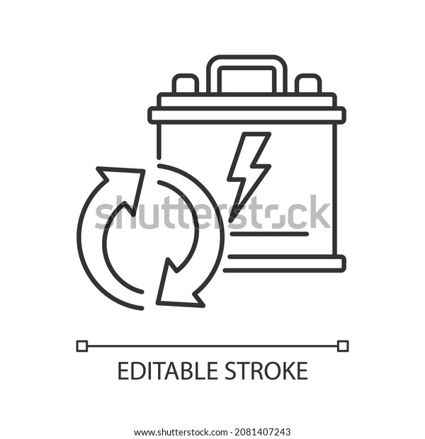 Recyclable lead-acid batteries linear icon. Car\
accumumlator recycling. Rechargeable energy cell. Thin line\
customizable illustration. Contour symbol. Vector isolated outline\
drawing. Editable\
stroke