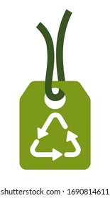 Recyclable material tag, eco shopping isolated icon vector. Product ecological packing, reused products, trinket on rope. Eco-friendly polyethylene or fabric, reuse and recycle emblem or logo