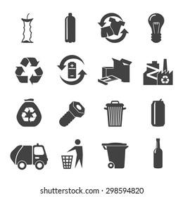 Recyclable materials black white icons set with glass plastic metal and food waste flat isolated vector illustration 