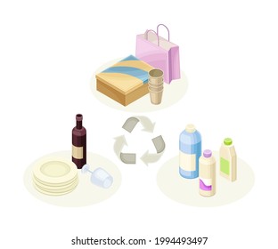 Recyclable Materials and Products as Ecology and Environment Protection and Conservation Isometric Vector Illustration