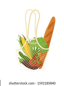 Recyclable mesh bag with vegetarian nutrition flat vector illustration. Shopping bag with seasonal greens. Vegan eating, fresh vegetables in eco friendly handbag isolated on white background