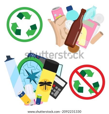 recyclable and non recyclable waste sorting. Types of trash and garbage with recycling sign.