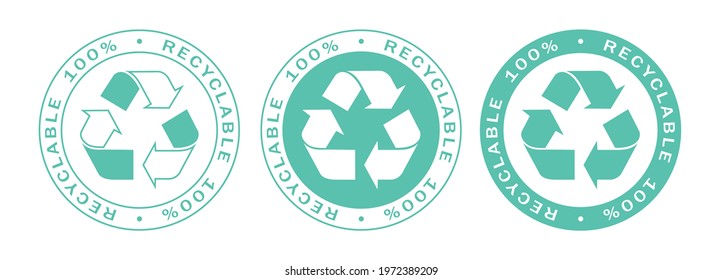 Recyclable on 100% label stamps icon set. Recyclable and biodegradable packaging logo signs isolated on white background. Vector illustration