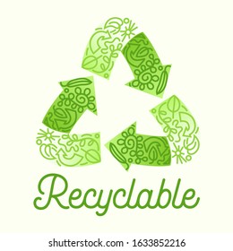 Recyclable Package Concept. Recycle Symbol Three Green Circulate Arrows with Doodle Drawings. Garbage Transformation Process Logo for Poster Banner Flyer Brochure. Cartoon Flat Vector Illustration