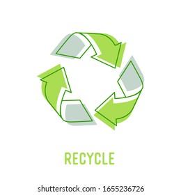 Recyclable Package Concept. Recycle Symbol of Three Green Circulate Rotating Arrows with Doodle Drawings. Garbage Transformation Process Symbol for Poster Banner Flyer Brochure. Vector Illustration