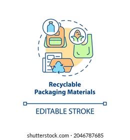 Recyclable packaging materials concept icon. Reduction in amount of unrecyclable garbage abstract idea thin line illustration. Vector isolated outline color drawing. Editable stroke