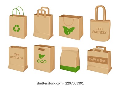 Montaje de ilustraciones vectoriales de bolsas de papel reciclables. Dibujos de dibujos animados de envases ecológicos para la compra de alimentos o comestibles en tiendas aisladas de fondo blanco. Reciclaje, ecología, concepto de medio ambiente
