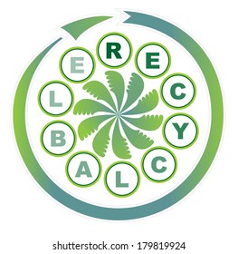 Recyclable product - a circular label with the word recyclable, stylized like a circular arrow and a star composed by green leaves 