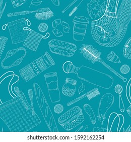 Recyclable products and accessories, kitchen items monocolor seamless pattern. Eco products, bags and containers. Reusable nutrition and packs textile, wrapping paper monochrome vector design