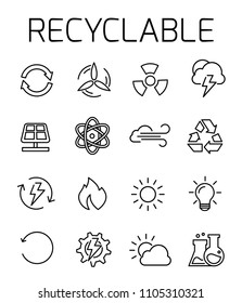 Recyclable related vector icon set. Well-crafted sign in thin line style with editable stroke. Vector symbols isolated on a white background. Simple pictograms.