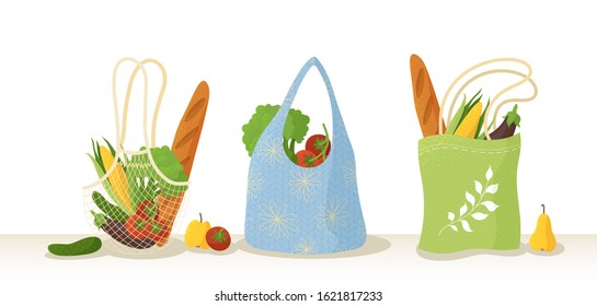 Recyclable shopping bags flat vector illustrations set. Greengrocery purchases color collection. Organic products, vegetarian food in eco friendly packagings isolated on white background