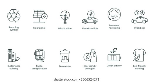 Recyclable Symbol, Solar Panel, Wind Turbine, Electric Vehicle, Rainwater Harvesting, Hybrid Car, Sustainable Building, Public Transportation, Zero Waste, Eco-Friendly Detergent vector icons 