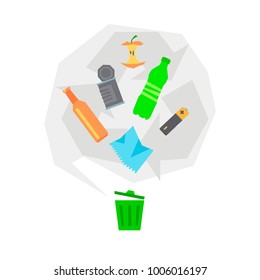 Recyclable things, recycle sign and trash can. Recycling concept. Vector flat illustration can be used for ecological design, Save The Earth poster, Stop Global Warming promotion, print for t-shirt