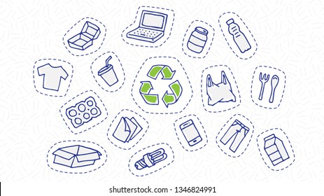 Recyclable things sticker set vector illustration. Clothes, energy-saving lamp, package box, cardboard, paper elements with recycle label hand drawn doodle concept. Goods for recycling (reuse) graphic