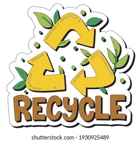 Recyclable vector icons with letters written underneath, surrounded by green leaves symbolizing environmental protection