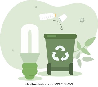 Recyclingfähige Abfalleimer und Energiesparlampe. Konzept von Natur und Umwelt.