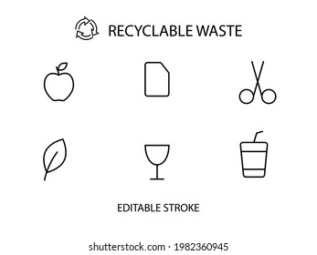 Recyclable waste collection outline icon. Organic trash sorting. Customizable linear contour symbol. Editable stroke. Isolated vector stock illustration