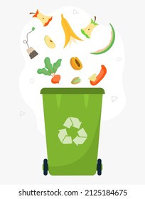Recyclable waste concept. Food thrown into trash. Environmental activists and responsibility. Concern for nature and environment, consequences of consumerism. Cartoon flat vector illustration