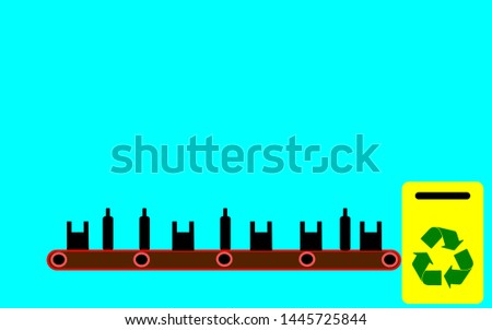 recyclable waste on conveyor to yellow recycle bin with green arrows isolate on blue background .empty space for place texts . object on buttom picture . For world conservation advertisements .