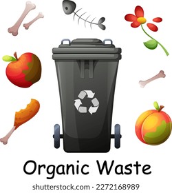 Recyclable waste, organic waste, garbage, rotten fruit, bones, uneaten food  with dumpster. Environment protection, sustainable development, Green living, ecolife vector