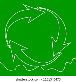 Recyclable waste recycling sign painted with a single line on a green background Continuous line Vector