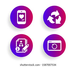 Recycle, Algorithm and Love chat icons simple set. Halftone dots button. Recovery internet sign. Recycling waste, Project, Smartphone. Backup info. Technology set. Classic flat recycle icon. Vector