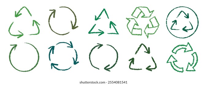 Recycle arrow hand drawn pencil line icon set. Crayon green recycle arrow chalk Icon Vector drawing. Vector illustration