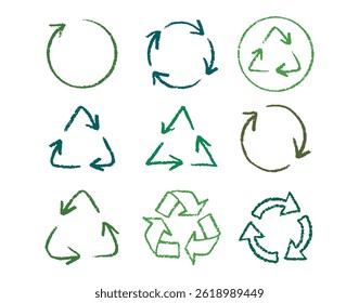 Recycle arrow hand drawn pencil line icon set. Crayon green recycle arrow chalk Icon Vector drawing. Vector illustration