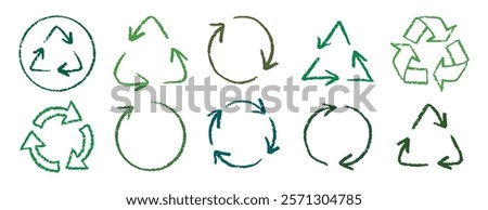 Recycle arrow hand drawn pencil line icon set. Crayon green recycle arrow chalk Icon Vector drawing. Vector illustration