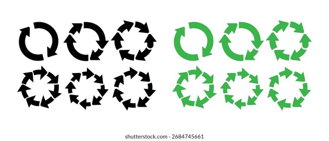 Ícone de seta de reciclagem define vetor no fundo branco. ambiente, eco, verde, reutilizar, reduzir, desperdício, gerenciamento, sustentabilidade, símbolo.