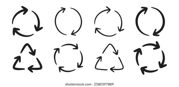 Recycle arrow icon or using recycling resources doodle hand drawn symbol. Outline drawing recycle arrow line clipart symbol. Vector illustration