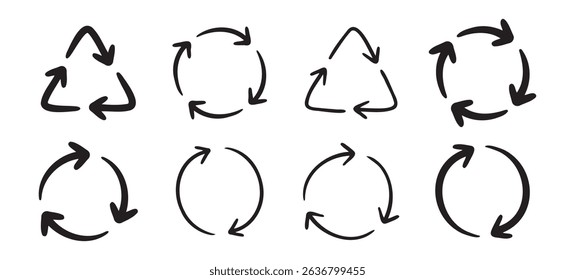 Recycle arrow icon or using recycling resources doodle hand drawn symbol. Outline drawing recycle arrow line clipart symbol. Vector illustration