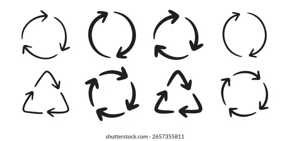 Recycle arrow icon or using recycling resources doodle hand drawn symbol. Outline drawing recycle arrow line clipart symbol. Vector illustration