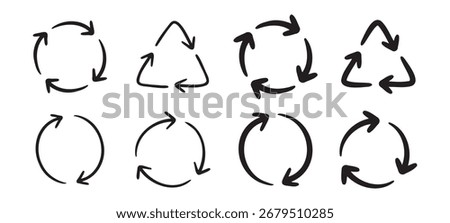Recycle arrow icon or using recycling resources doodle hand drawn symbol. Outline drawing recycle arrow line clipart symbol. Vector illustration