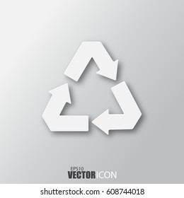 Recycle arrow icon in white style with shadow isolated on grey background. For your design, logo. Vector illustration.