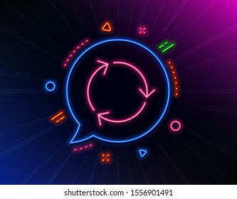 Recycle arrow line icon. Neon laser lights. Recycling waste symbol. Reduce and Reuse sign. Glow laser speech bubble. Neon lights chat bubble. Banner badge with recycling icon. Vector