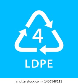 recycle arrow triangle LDPE types 4 isolated on blue background, symbology four type logo of plastic LDPE materials, recycle triangle types icon graphic, recycle plastic ecology icon