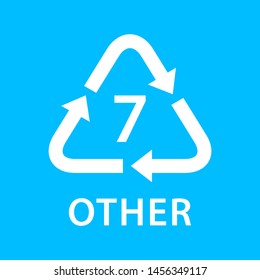 recycle arrow triangle OTHER types 7 isolated on blue background, symbology seven type logo of plastic OTHER materials, recycle triangle types icon graphic, recycle plastic ecology icon