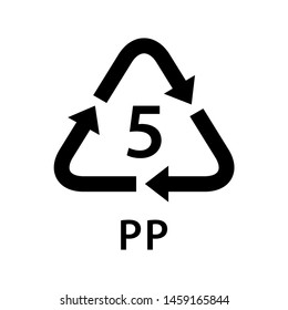 recycle arrow triangle PP types 5 isolated on white background, symbology five type logo of plastic PP materials, recycle triangle types icon graphic, recycle plastic ecology icon