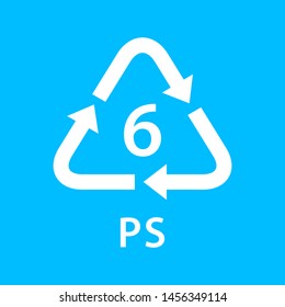 recycle arrow triangle PS types 6 isolated on blue background, symbology six type logo of plastic PS materials, recycle triangle types icon graphic, recycle plastic ecology icon
