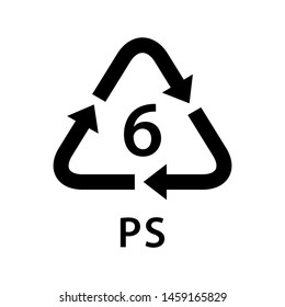 recycle arrow triangle PS types 6 isolated on white background, symbology six type logo of plastic PS materials, recycle triangle types icon graphic, recycle plastic ecology icon