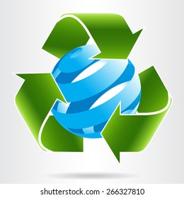 Recycle arrows and abstract blue sphere. Eco concept. 